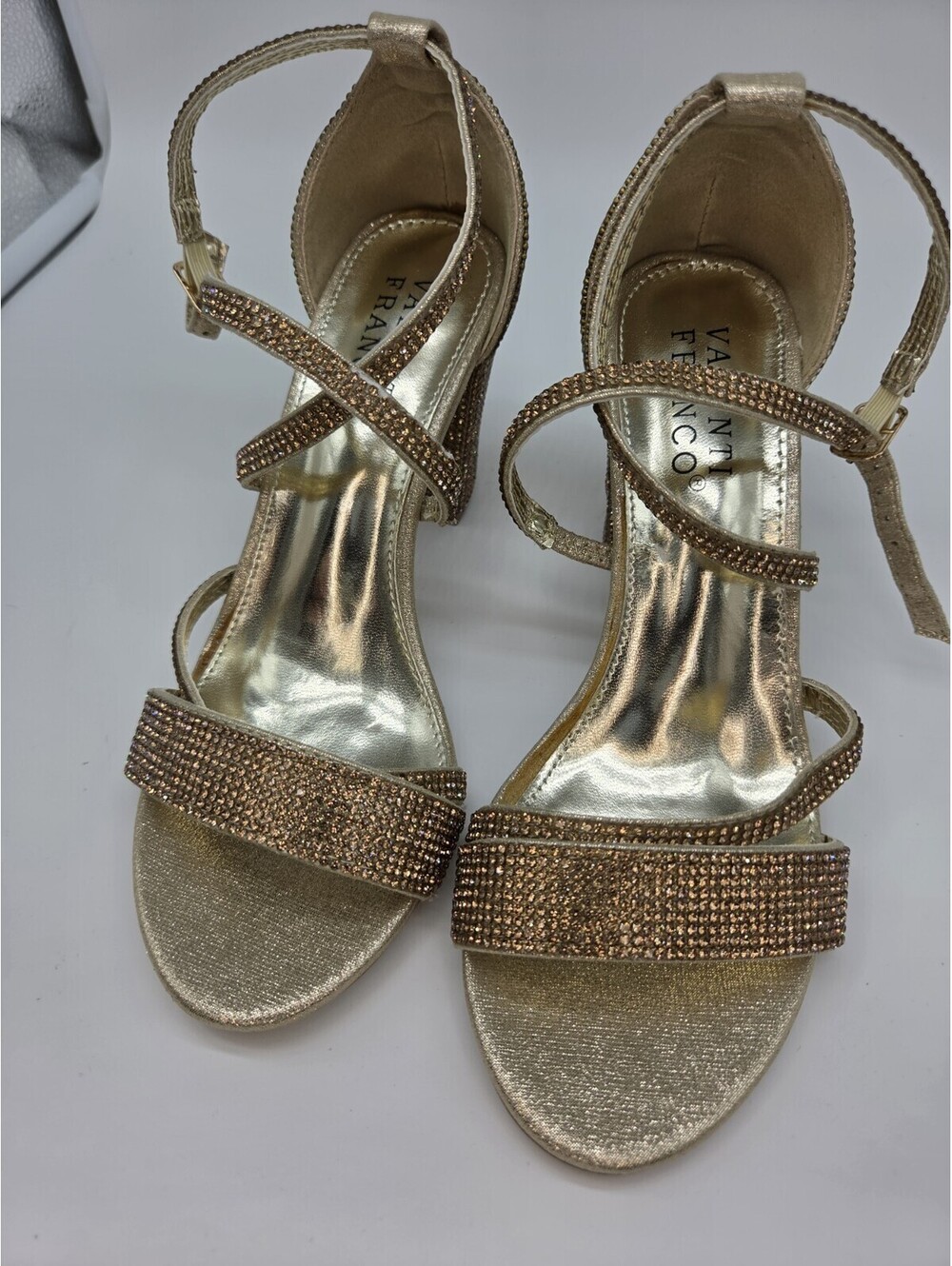 Valenti Franco Ava Sparkling Gold Heels Strappy Wedding Prom Sandal Heels Sz 6.5